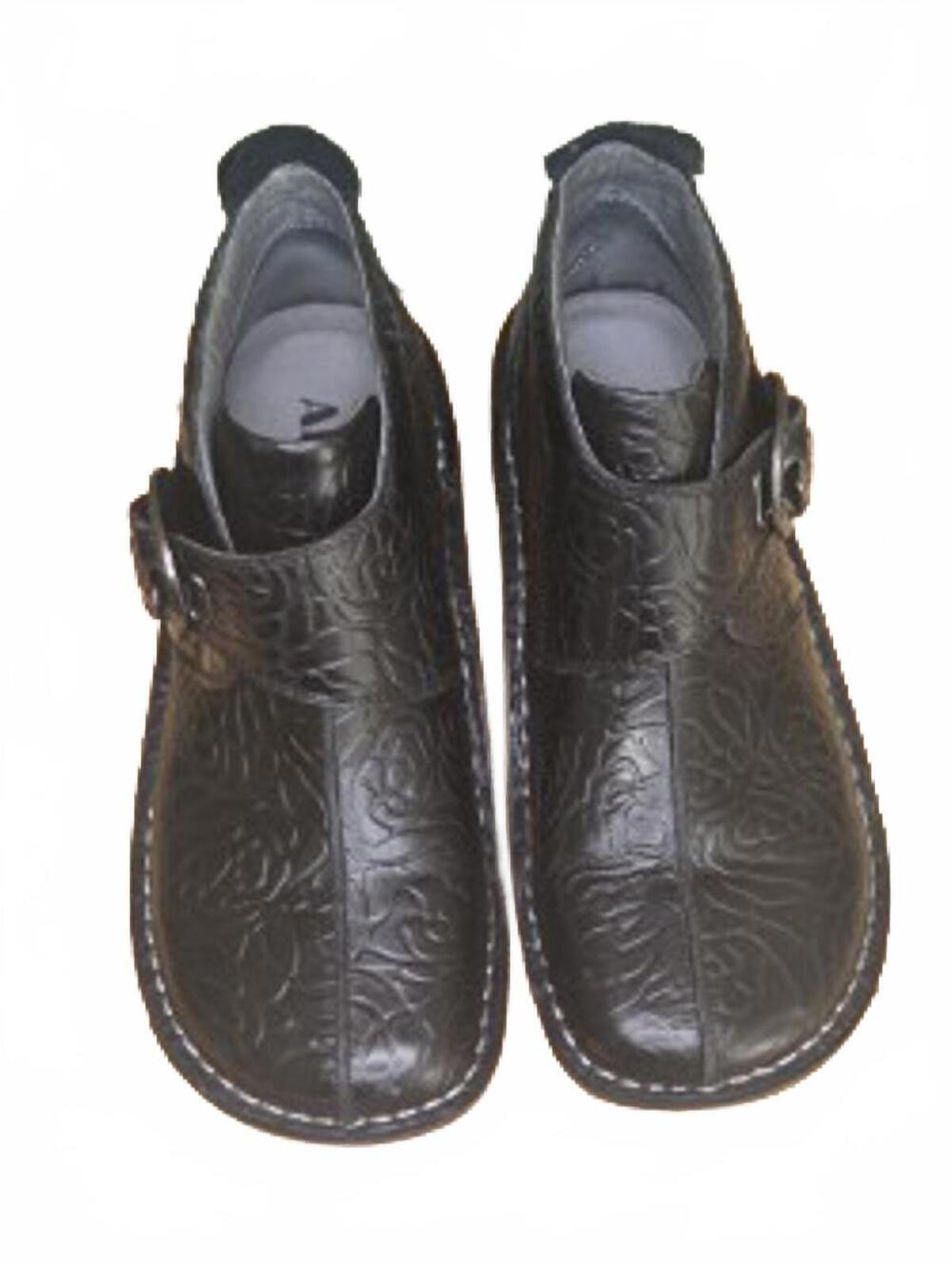 Alegria Black Embossed Leather Ankle Boots with Buckle